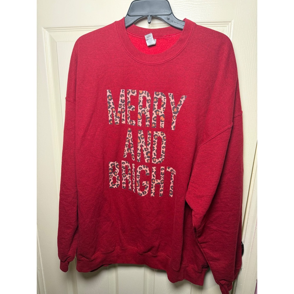 Gildan Merry and Bright Leopard Christmas Sweatshirt Red Plus Size 3XL